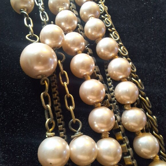 Talbots Multi Layer Strand Faux Pearl Necklace Bronze Chain Statement 22 Inch - Picture 5 of 6